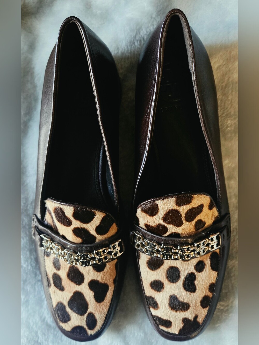 Tory Burch Brown Leather & Leopard Print Chain Loafers